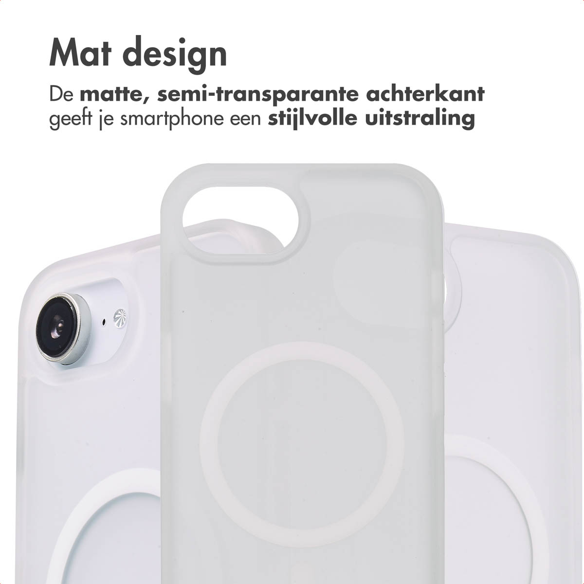 Trois coques de téléphone blanches. Texte : Design mat, look élégant.
