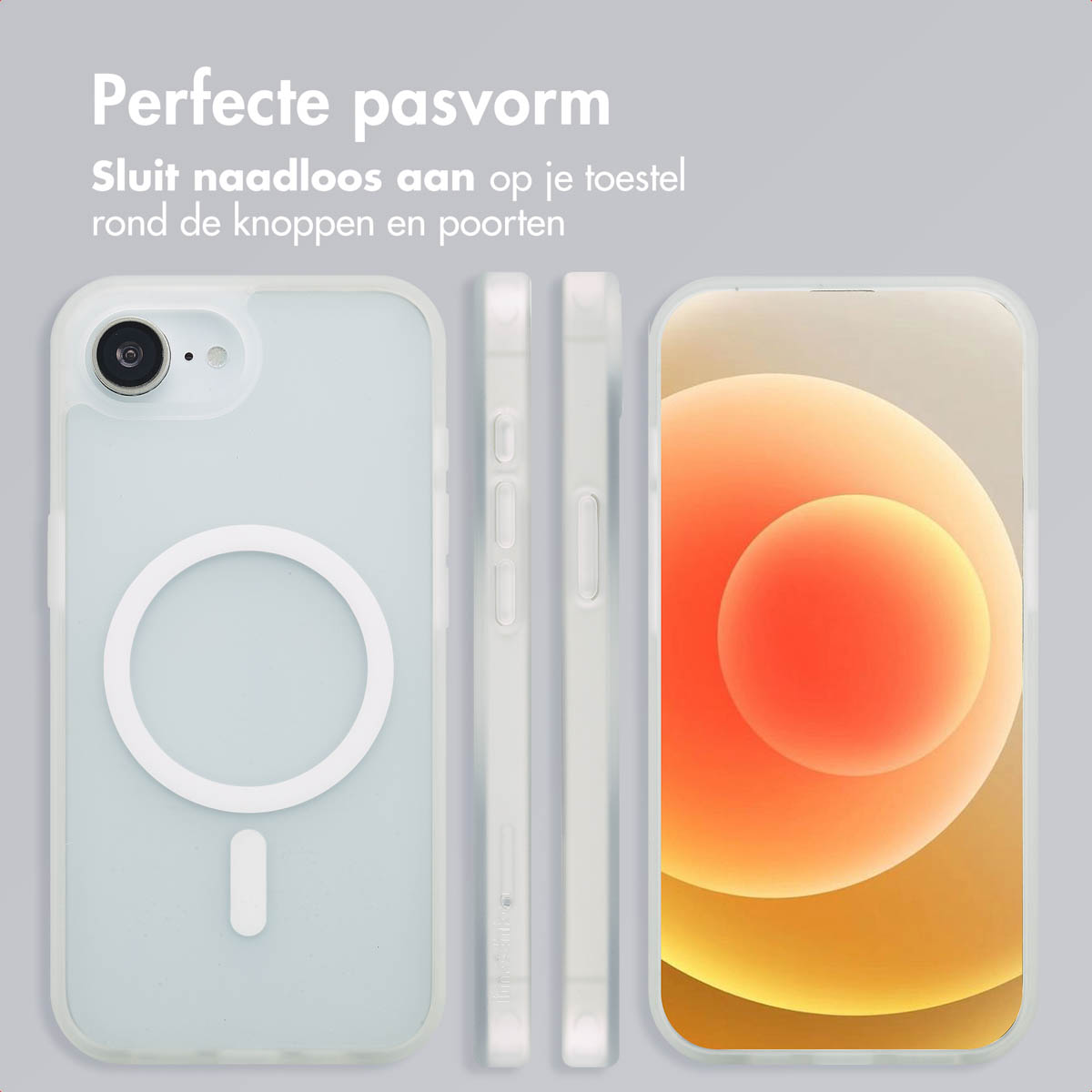 Trois coques de téléphone, montrant le devant, le côté et le téléphone à l'intérieur. La coque est blanche.