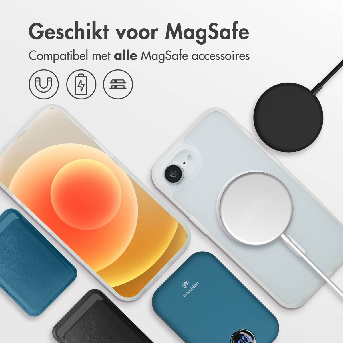 Téléphone avec design orange, chargeur et accessoires sont affichés. La scène est bien éclairée.