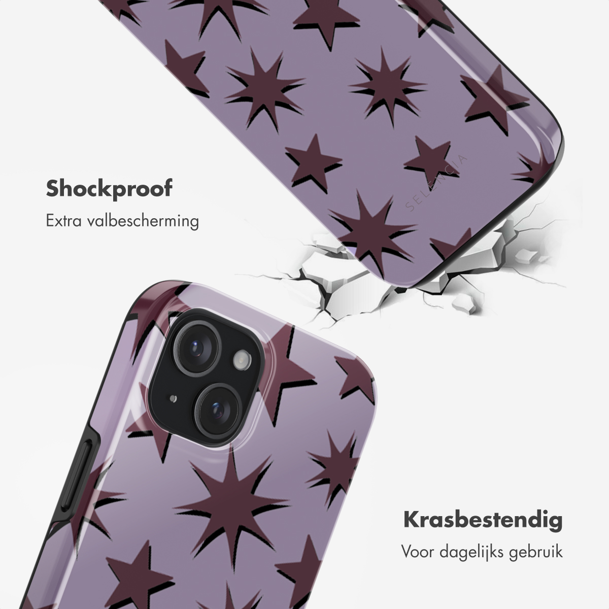 Telefoonhoesje met een sterrenpatroon, tekst over schokbestendigheid en krasbestendigheid.