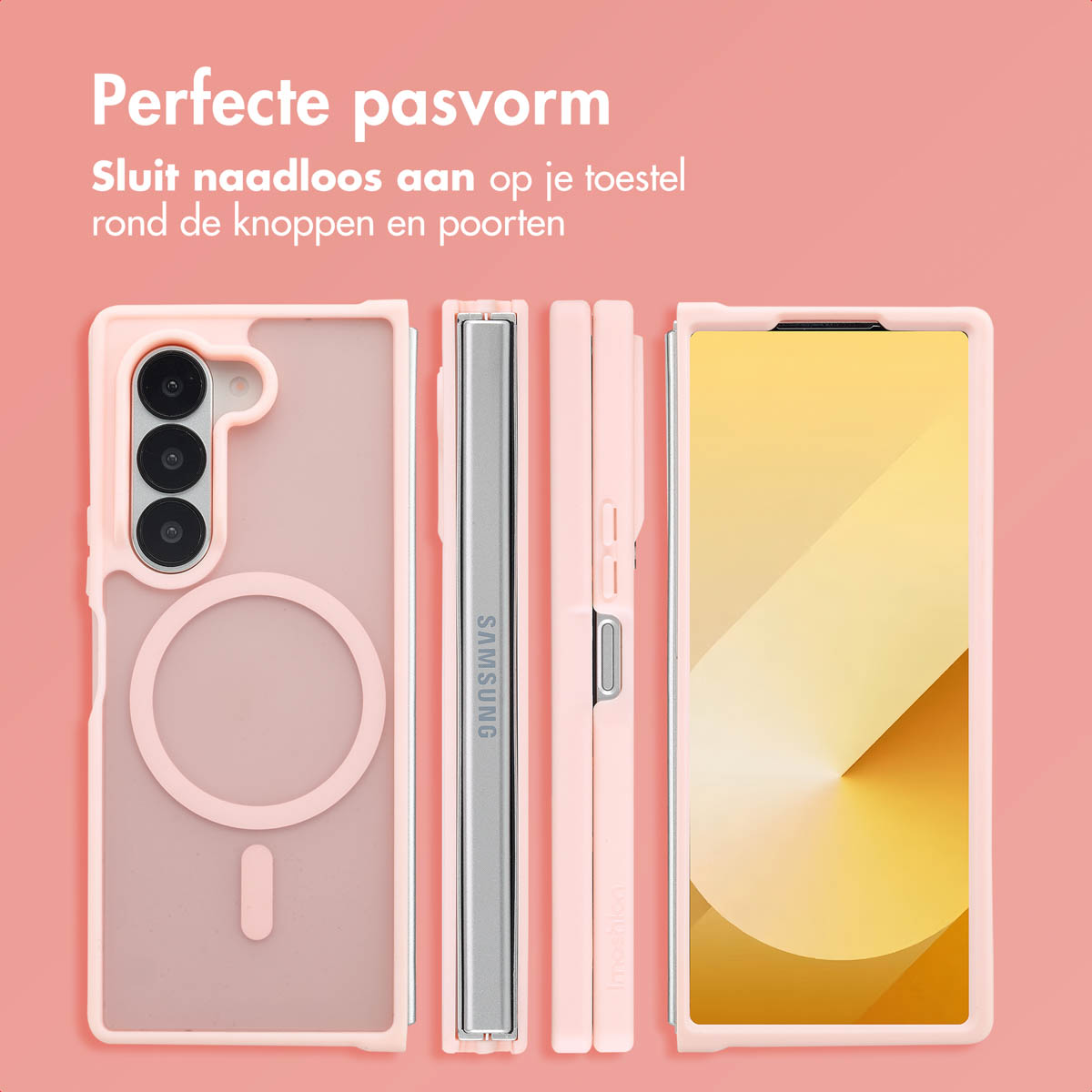 Roze telefoonhoes in verschillende delen. Toont de telefoon erin, open, de knoppen en poorten.