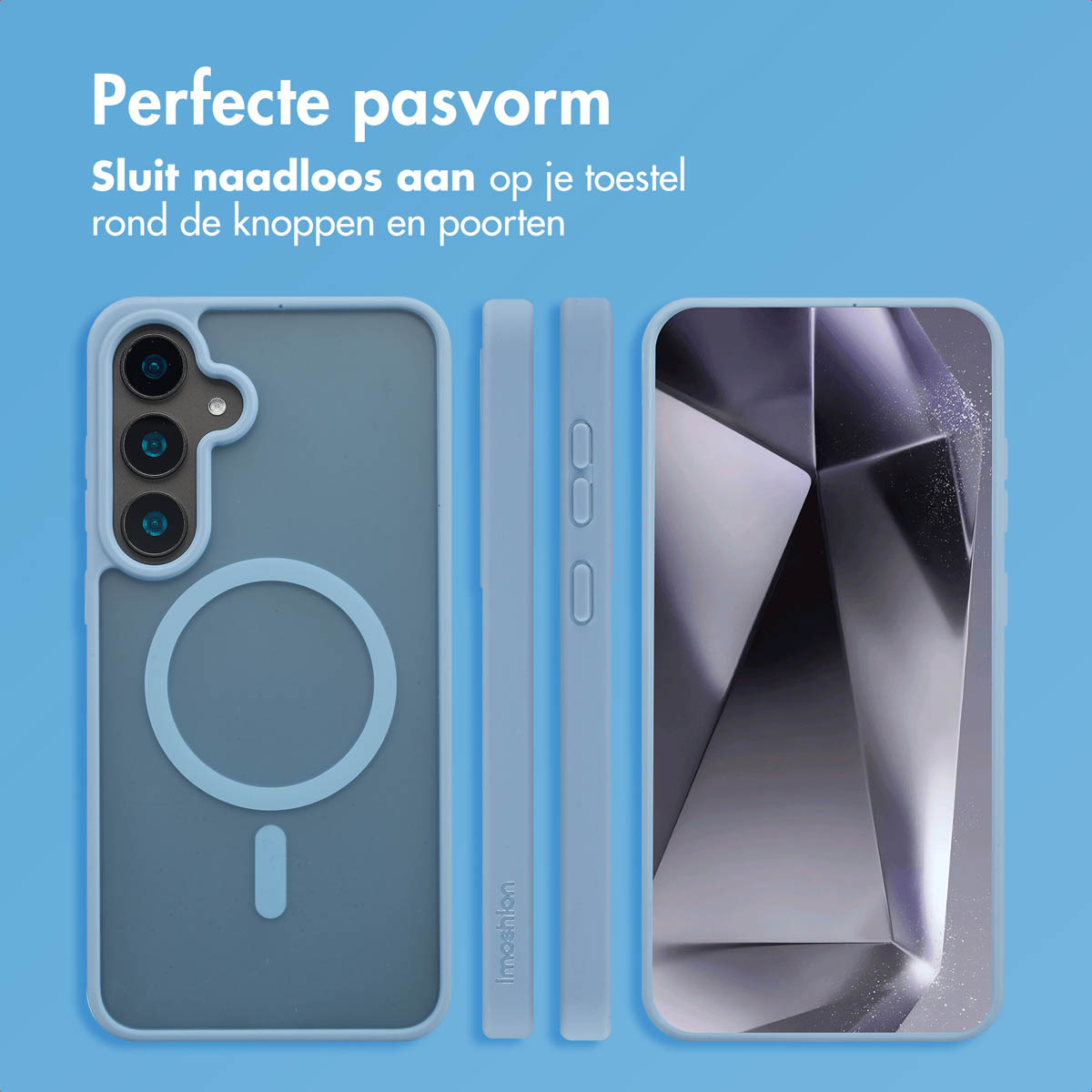 Telefoonhoesjes in blauw. Er worden drie aanzichten van het telefoonhoesje gepresenteerd.