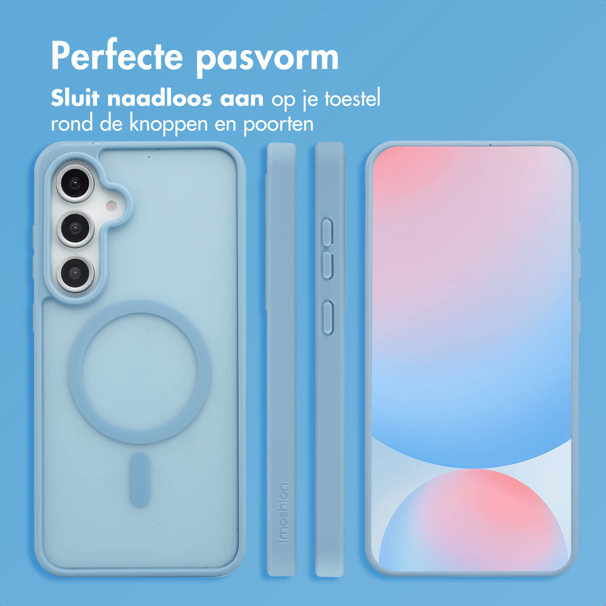 Coque de téléphone en plusieurs vues. Téléphone et coque bleu clair. Texte : Ajustement parfait. La coque s'adapte au téléphone.