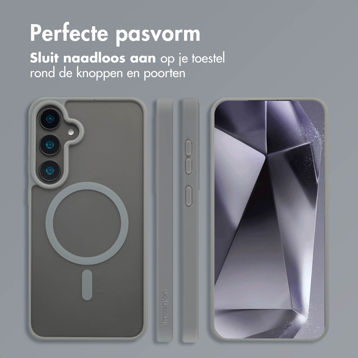 Telefoonhoesjes in grijs. Toont de achterkant, zijkanten en voorkant. Heeft een cirkel en een minteken.