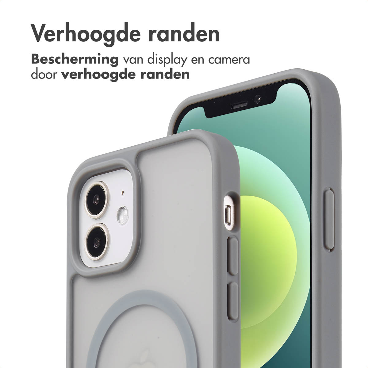 Close-up van grijze telefoonhoes op een telefoon, met verhoogde randen ter bescherming.
