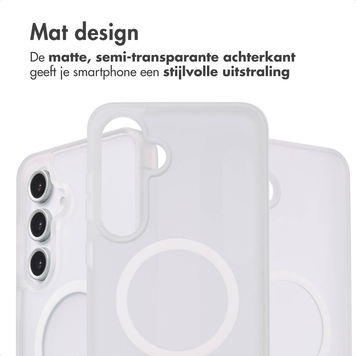 Drie witte telefoonhoesjes. Tekst: Mat design, stijlvolle uitstraling.