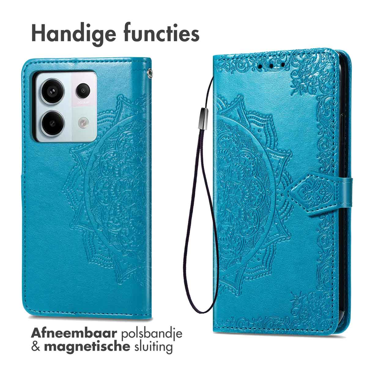 Telefoonhoesje met design. Een telefoon staat links en de hoes is open. De telefoon heeft een bandje.