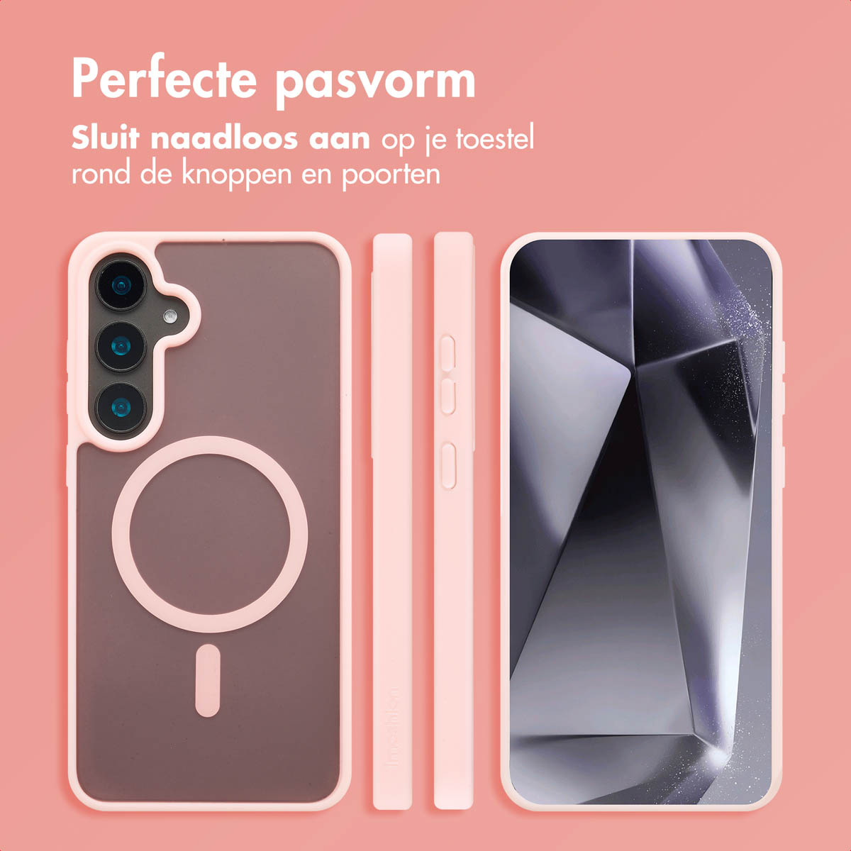 Roze telefoonhoesje met telefoon. Tekst: Perfecte pasvorm, rond knoppen en poorten.