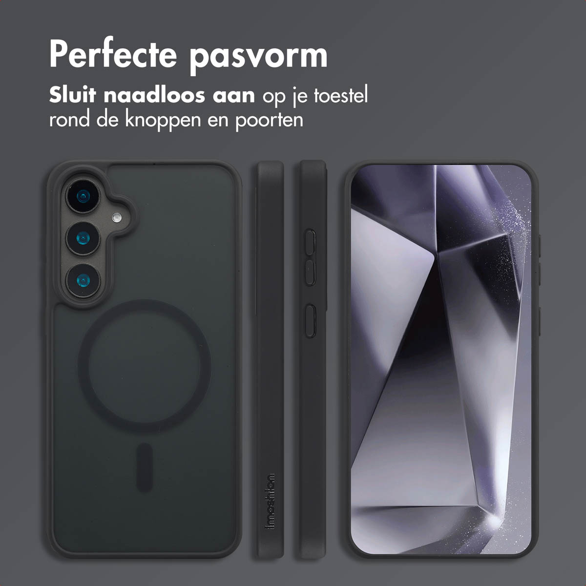 Zwart telefoonhoesje met telefoon. Tekst: Perfecte pasvorm, rond knoppen en poorten.