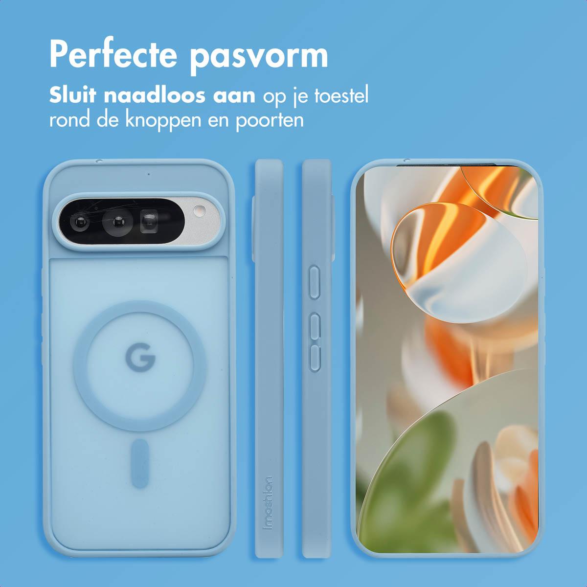 Een blauw telefoonhoesje met een telefoon erin. De telefoon staat op een blauwe achtergrond.