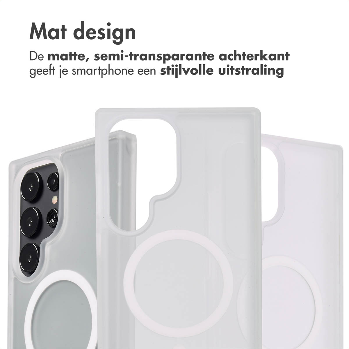 Trois coques de téléphone empilées. La coque avant est centrée, montrant un cercle transparent.