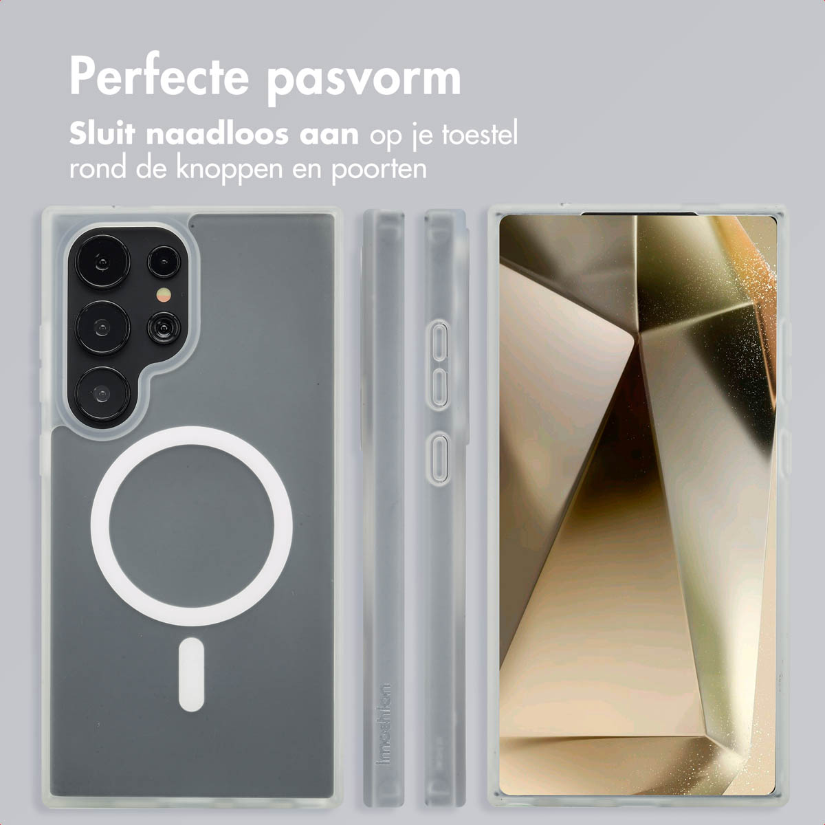 Coque de téléphone transparente, trois vues, avec anneau MagSafe. Texte : Ajustement parfait. La coque entoure le téléphone.