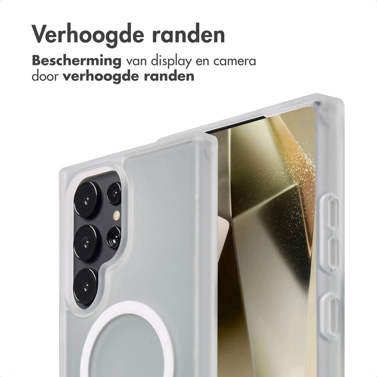 Coque de téléphone sur un téléphone avec un écran coloré. La coque a des bords surélevés. Fond blanc.