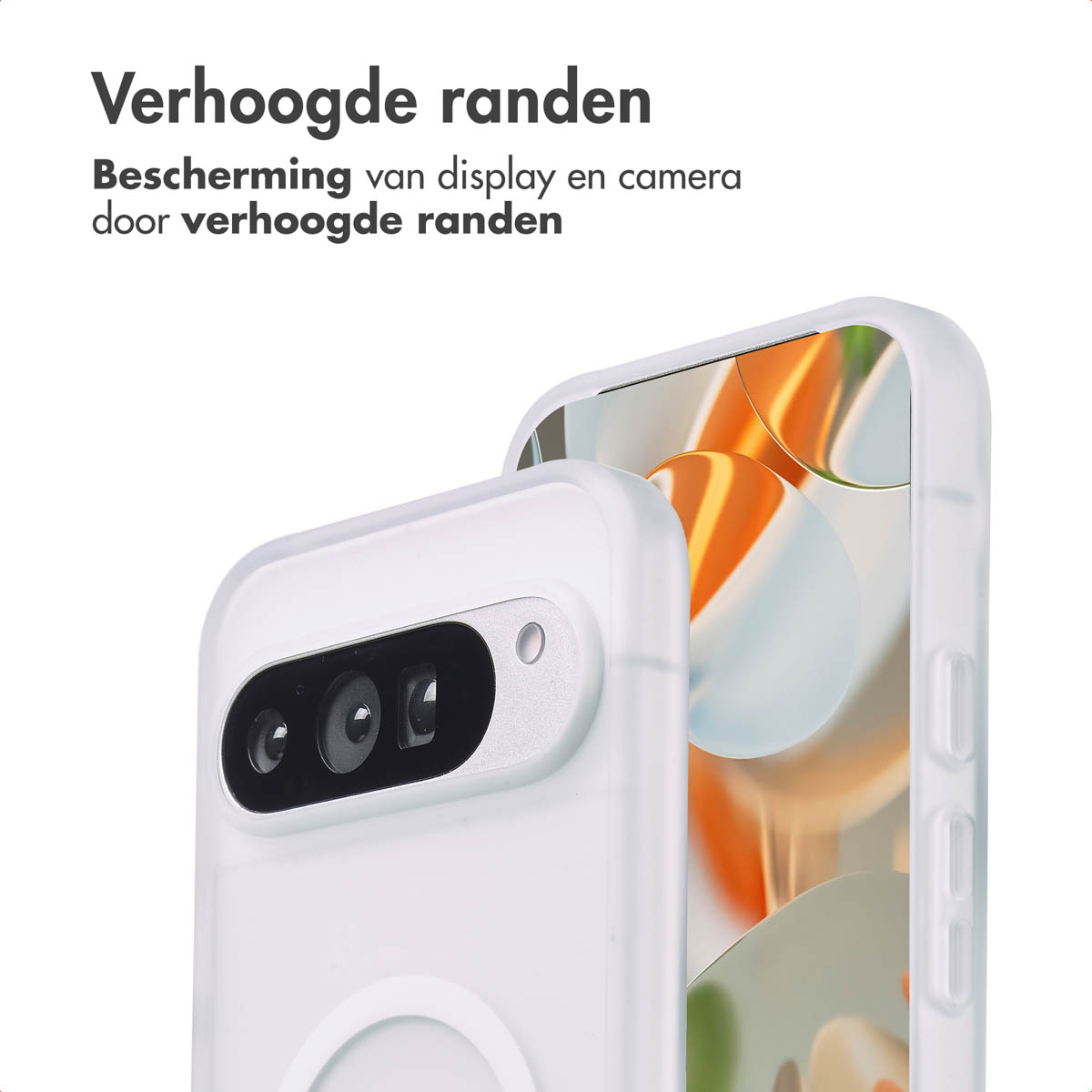 Witte telefoonhoes met een telefoon. De telefoonhoes is wit en de telefoon staat op het scherm.