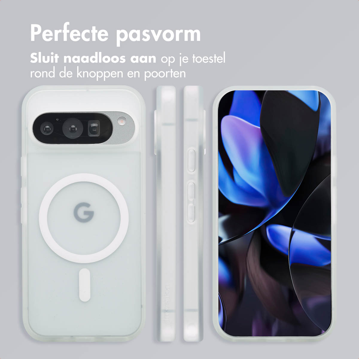 Wit telefoonhoesje met telefoon. Tekst: Perfecte pasvorm, rond knoppen en poorten.
