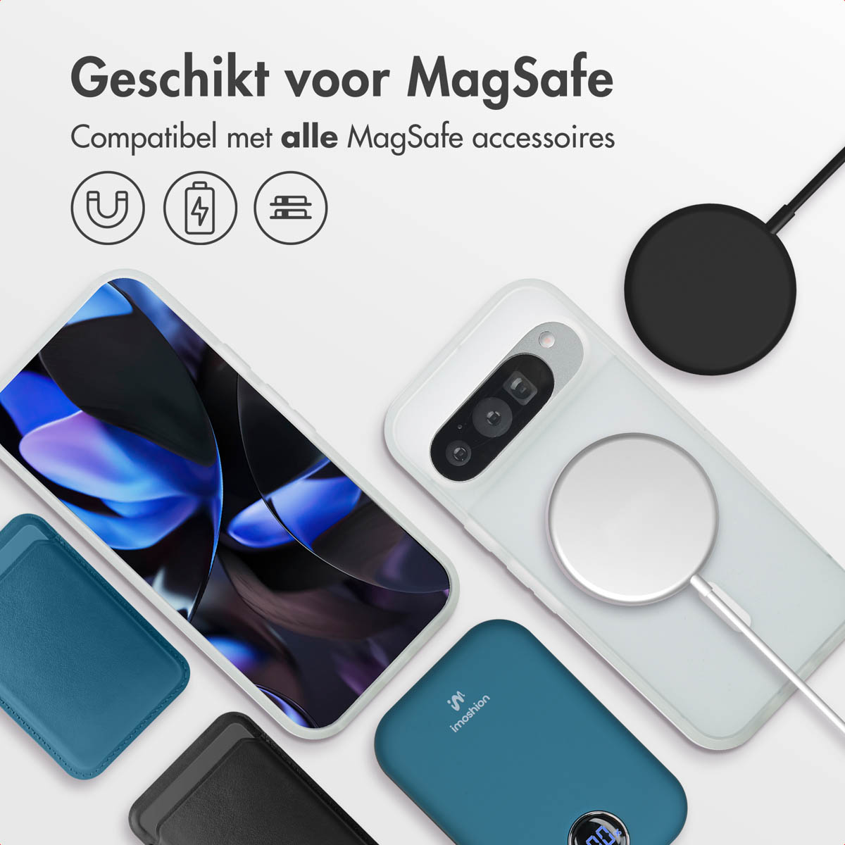 Afbeelding toont MagSafe-accessoires: telefoonhoesjes, oplader, powerbank en kaarthouders. Tekst bovenaan zegt 'Geschikt voor MagSafe'.