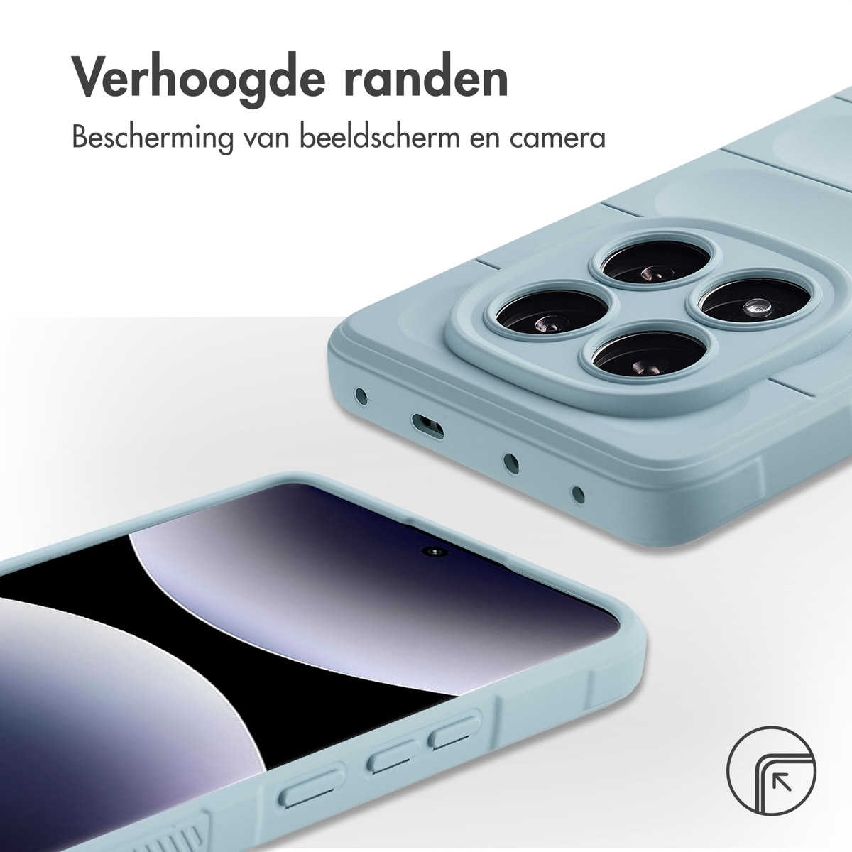 Een telefoonhoesje met verhoogde randen, dat de telefoon en het scherm beschermt.