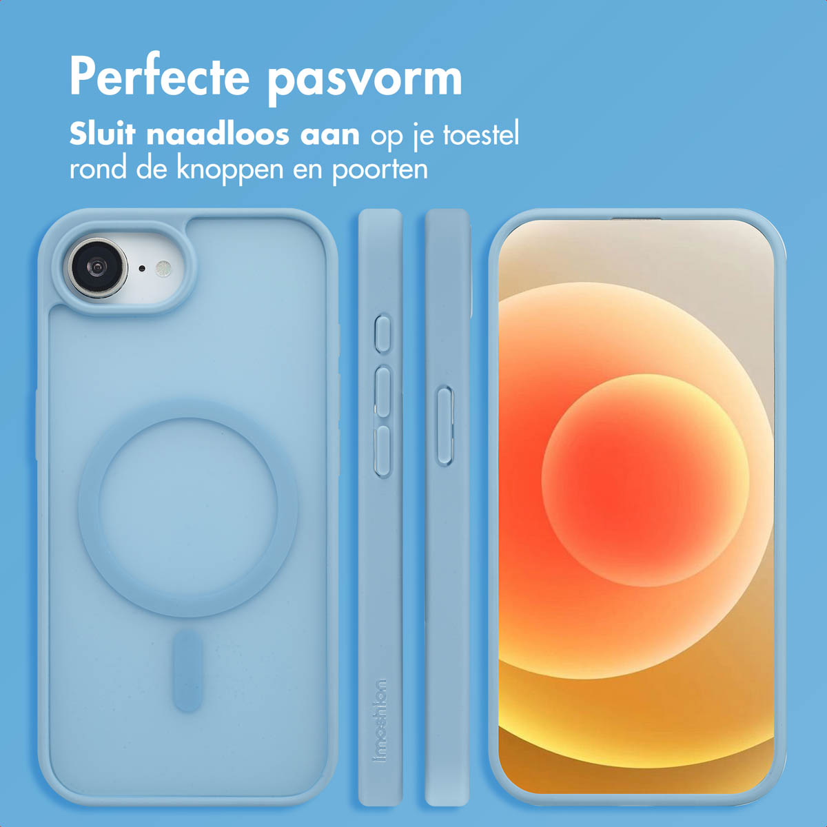 Three phone cases: a light blue case, a side view, and a phone with a light blue case.