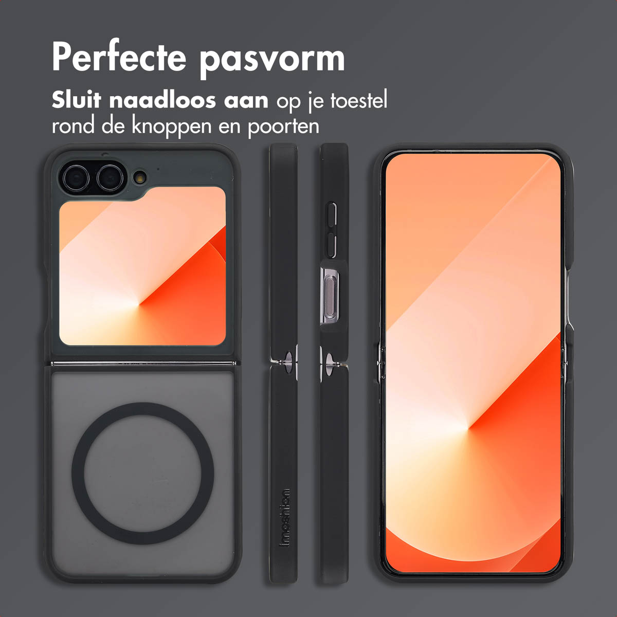 Drie telefoonhoesjes. De hoesjes zijn zwart en tonen de telefoon in verschillende posities.