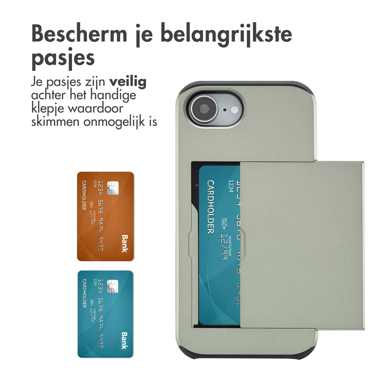 Telefoonhoesje met kaartsleuven en twee creditcards. Eén kaart zit in de hoes.