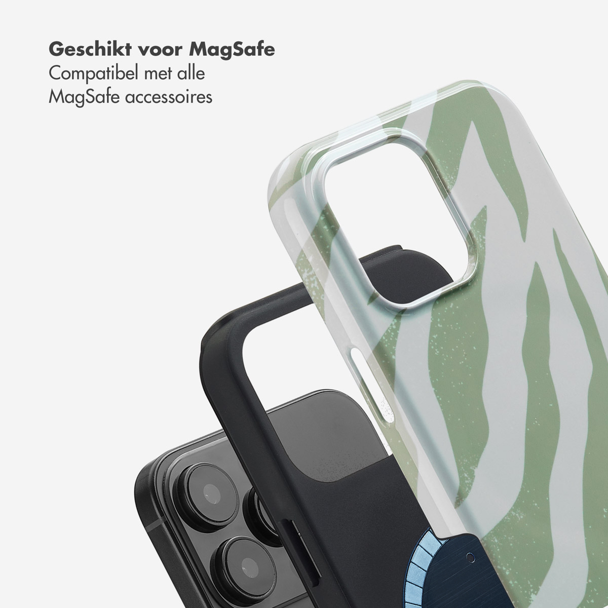 Une coque de téléphone avec compatibilité MagSafe, montrant un téléphone ouvert avec un motif vert et blanc.