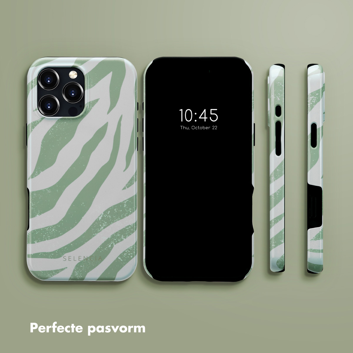 Coques de téléphone, une noire, une à motif zébré vert et blanc. Fond vert.
