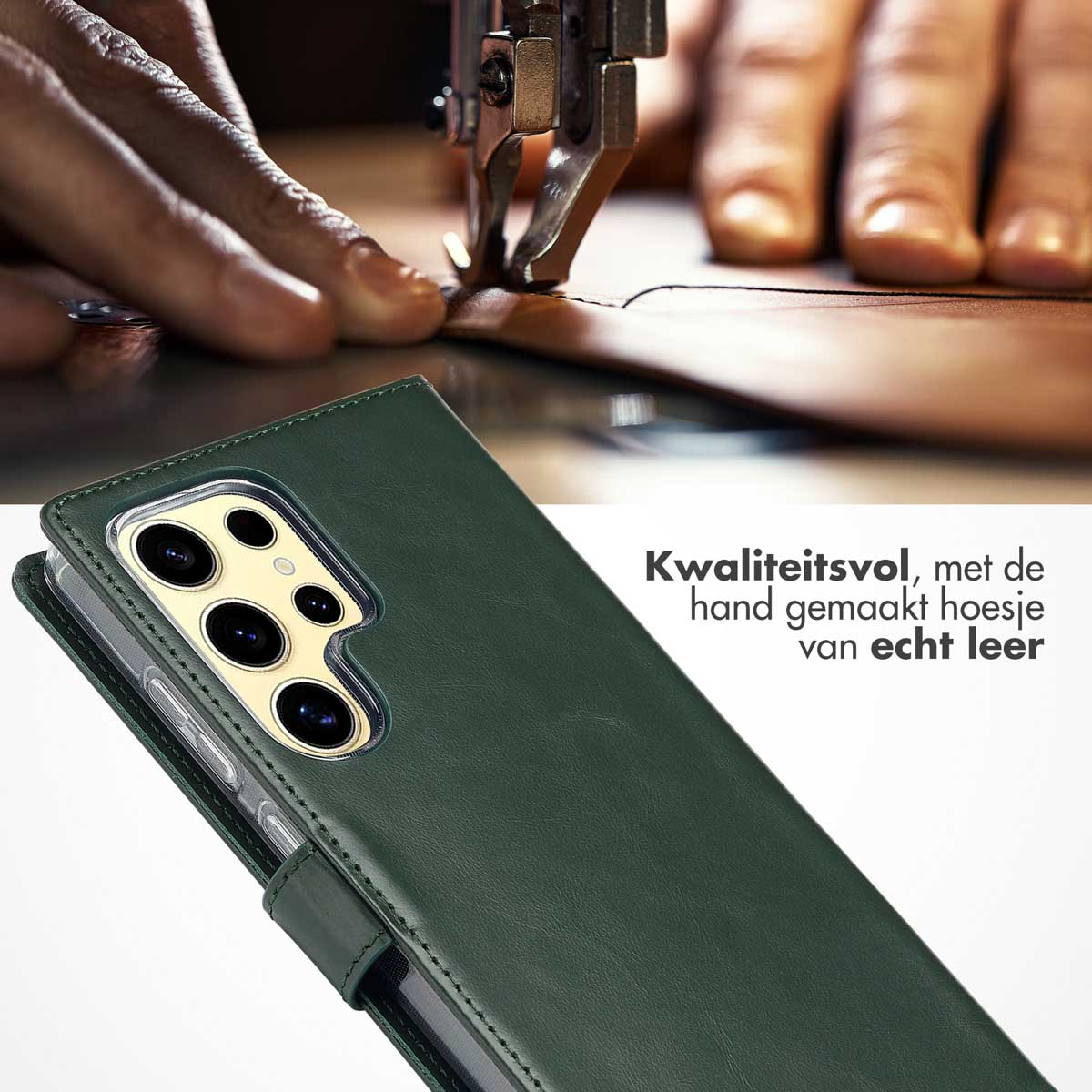 Un étui de téléphone en cuir vert avec un téléphone à l'intérieur. Texte : Étui en cuir de haute qualité, fait à la main.