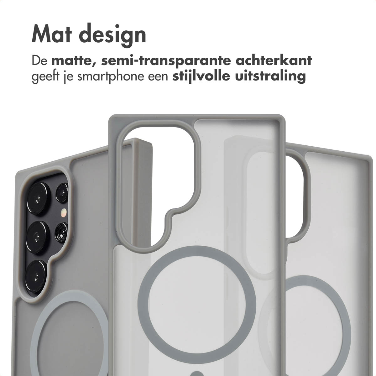 Drie telefoonhoesjes in grijs. De middelste is transparant en heeft een grijze cirkel op de achterkant.