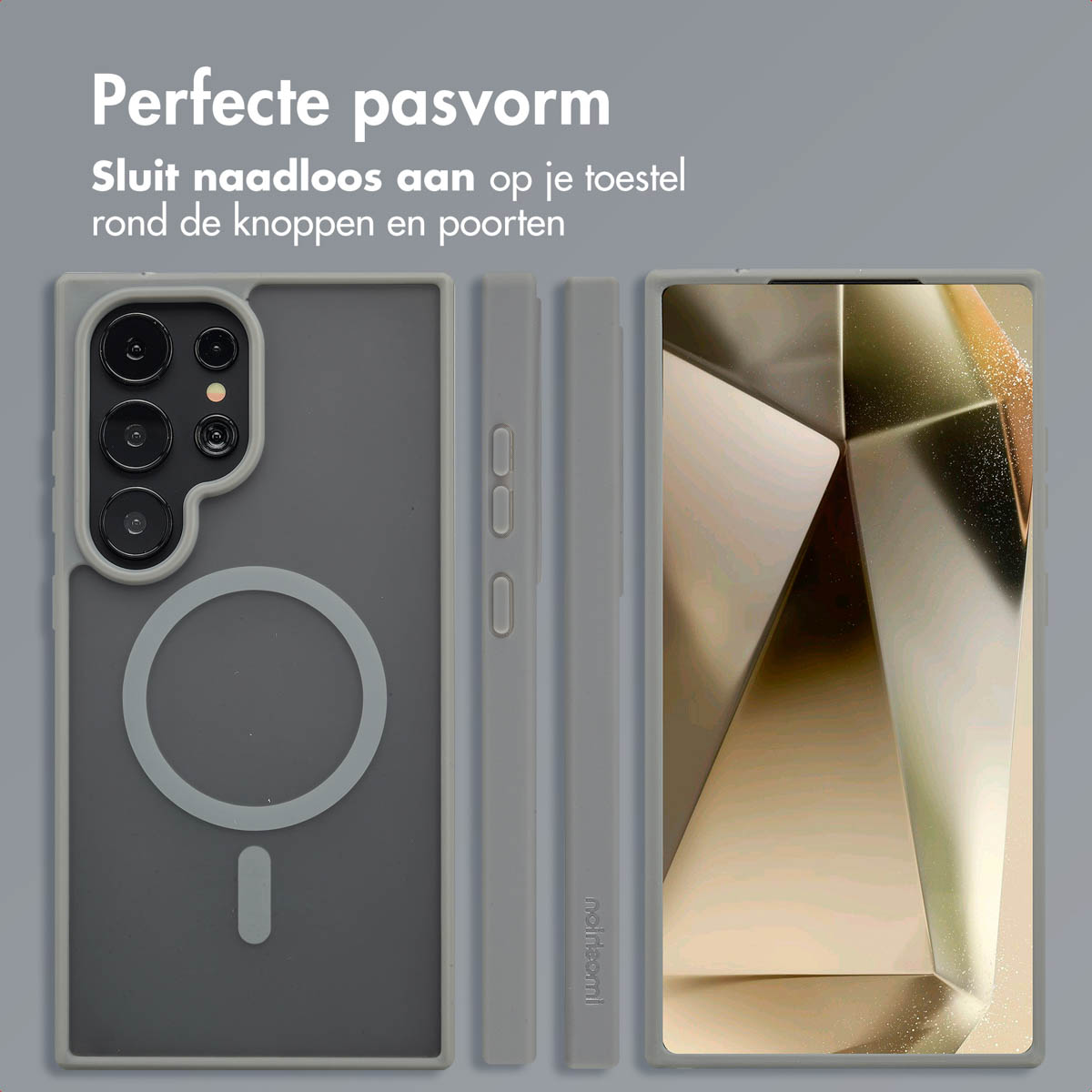 Drie weergaven van een grijze telefoonhoes en telefoon. Tekst: 'Perfecte pasvorm'. Hoes heeft MagSafe cirkel en uitsparingen.
