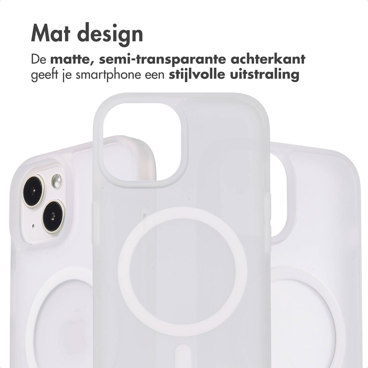 Witte telefoonhoes met een MagSafe-cirkel, die de achterkant van de telefoon laat zien.