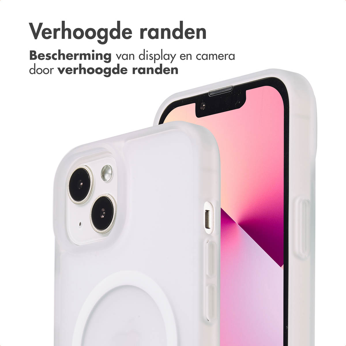 Een witte telefoonhoes met een telefoon erin. De hoes heeft verhoogde randen.