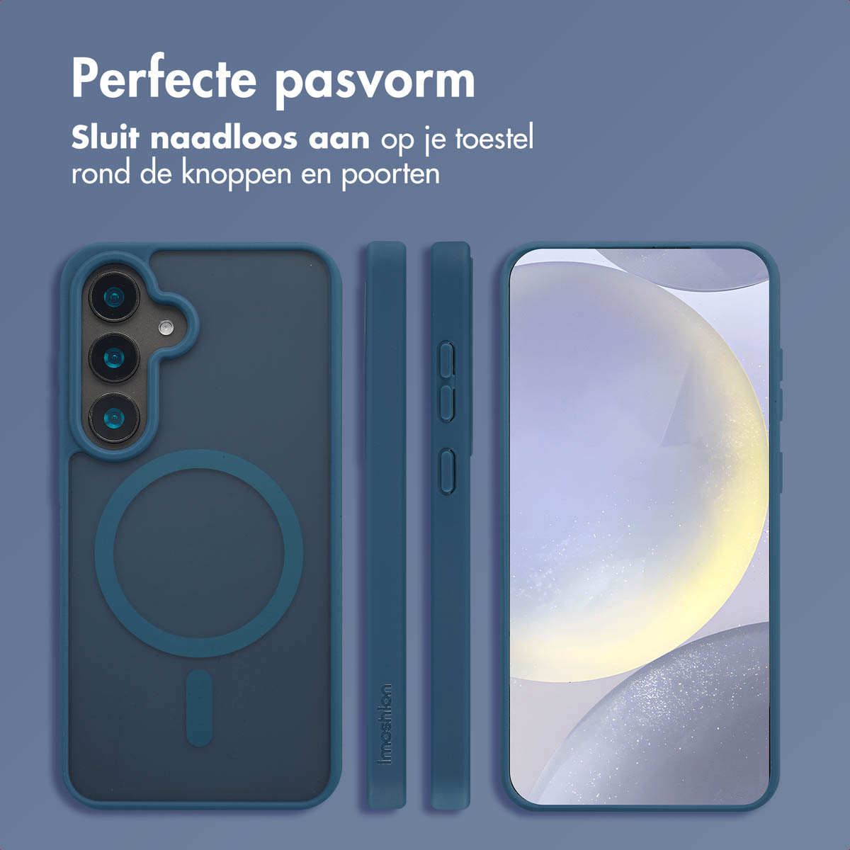 Telefoonhoesjeset in blauw. Inclusief de hoes, zijaanzichten en een telefoon erin.