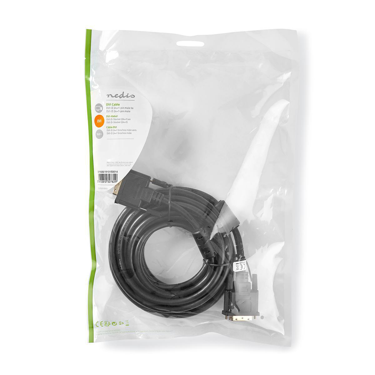 Ein DVI-Kabel verpackt in einer Plastiktüte. Die Tüte hat einen grünen Rand und weißen Hintergrund.