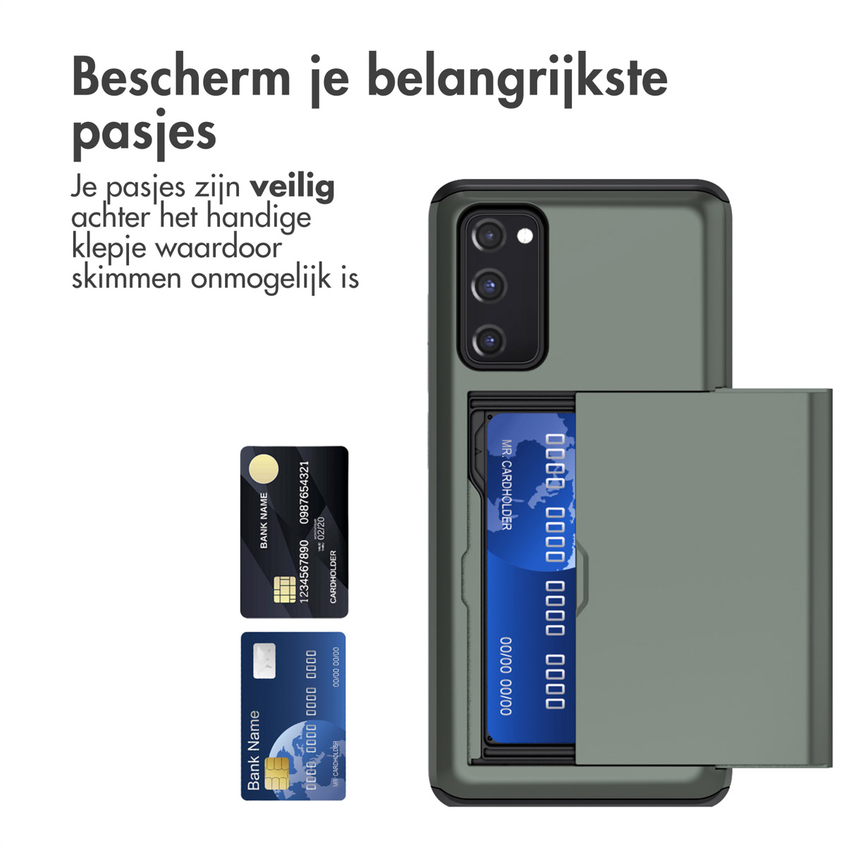 Telefoon met een hoesje dat twee creditcards achter de schuifdeur toont.