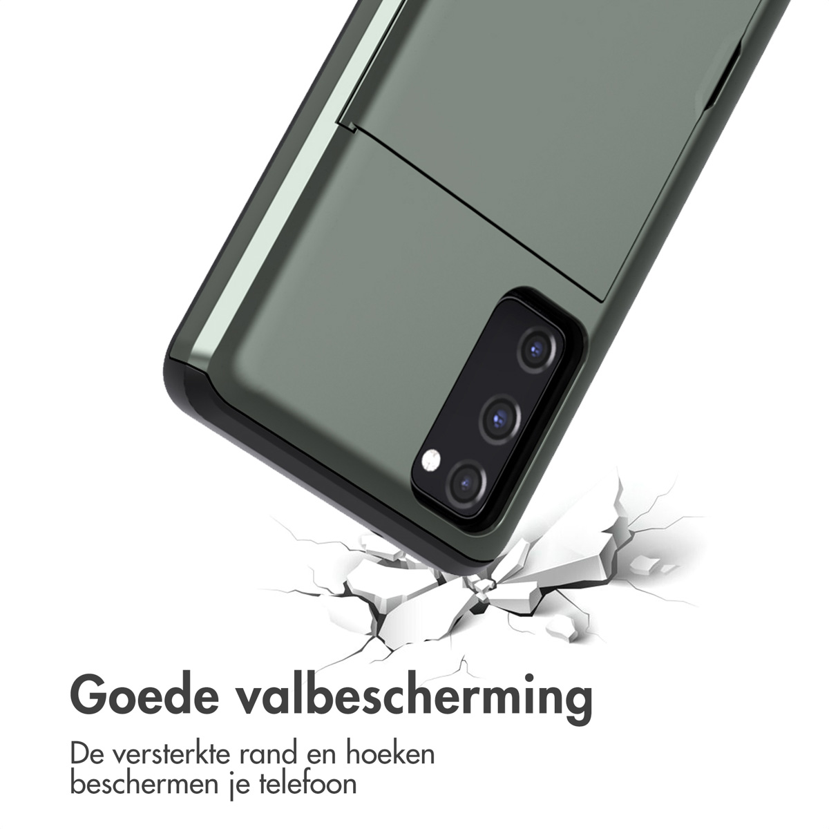 Een telefoonhoesje met een telefoon erin. De telefoon valt en breekt de grond.