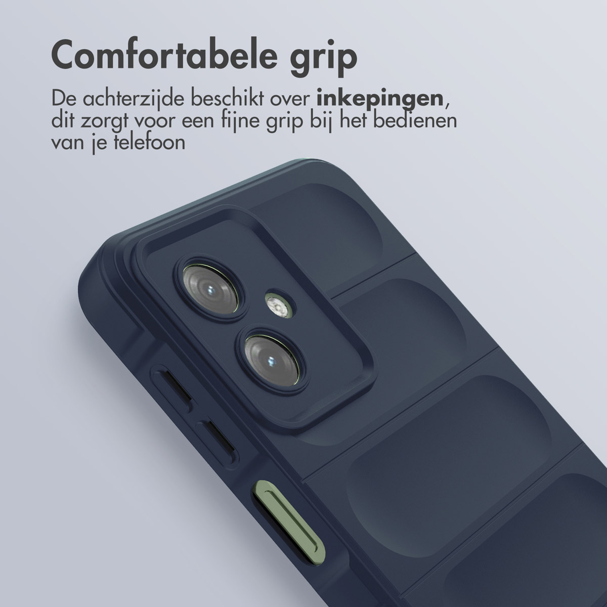 Close-up van een blauwe telefoonhoes met een getextureerde achterkant. Tekst bovenaan: 'Comfortabele grip'.