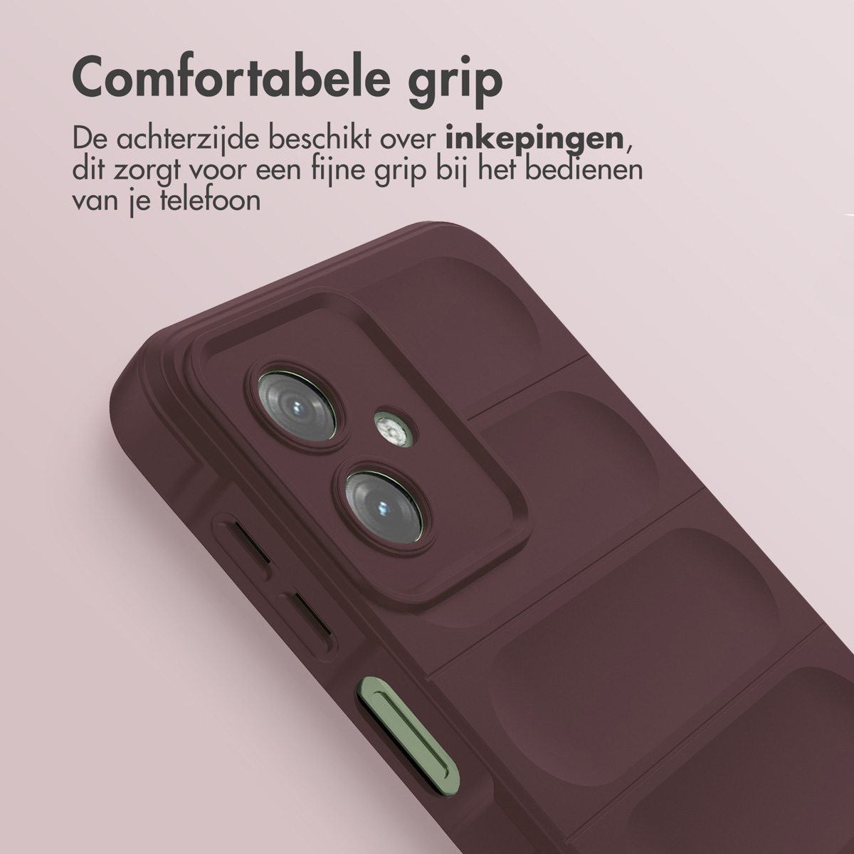 Paarse telefoonhoes. Tekst: Comfortabele grip, fijne grip.