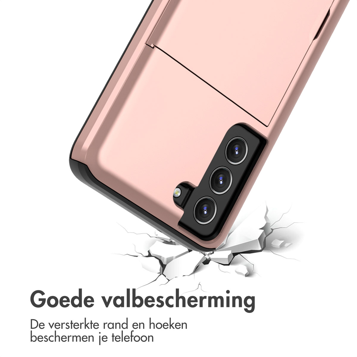 Telefoon in een roze hoesje. De hoes is gebarsten en de telefoon ligt op de grond.
