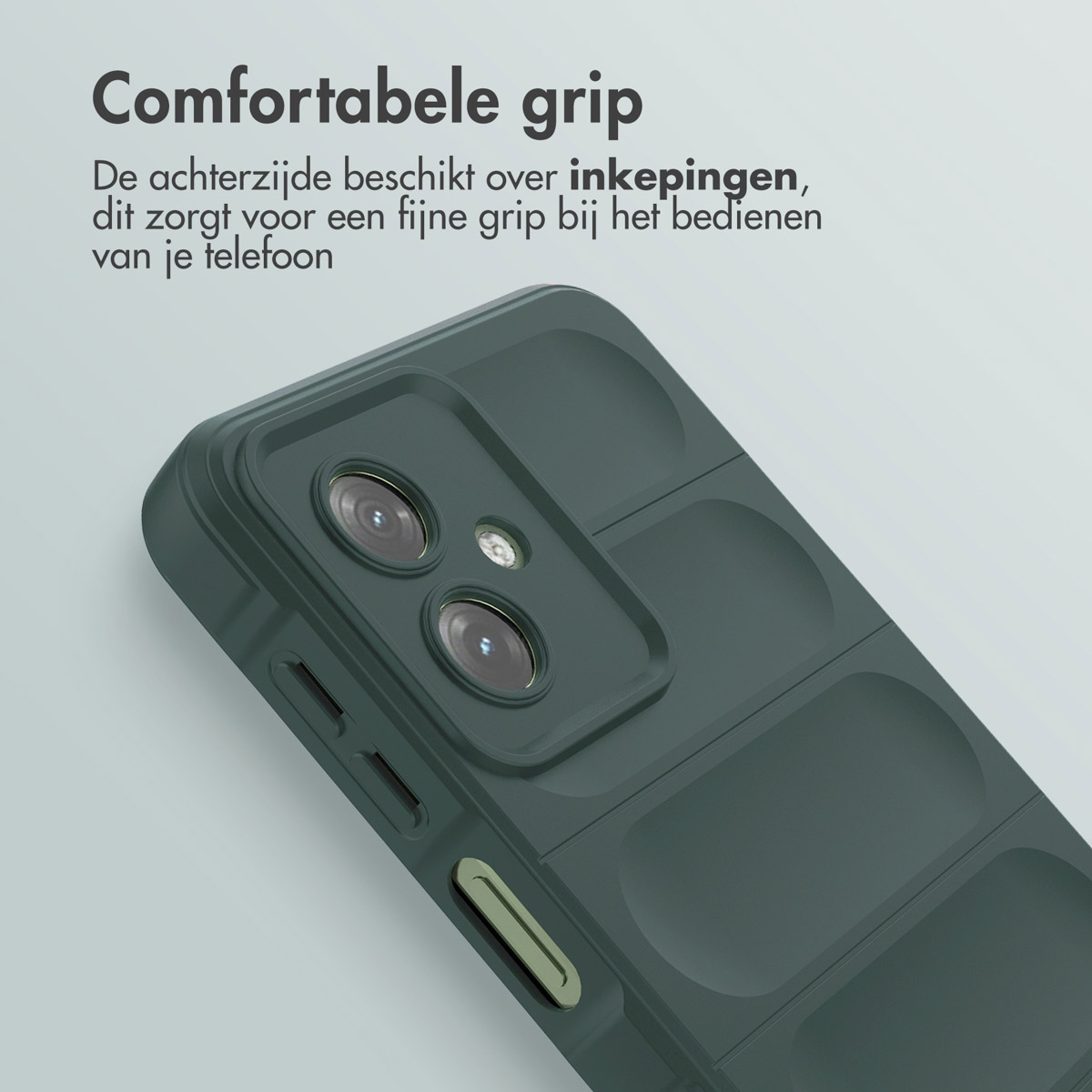 Close-up van een groene telefoonhoes. De hoes heeft een textuur.