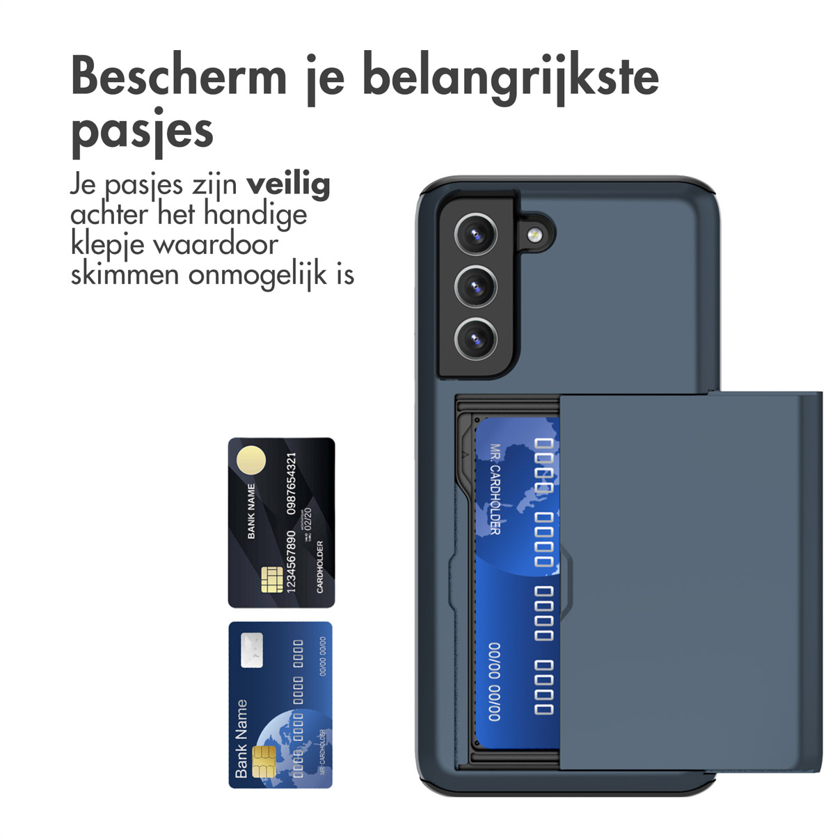 Blauwe telefoonhoes met kaartsleuven. De hoes biedt plaats aan twee kaarten. De achtergrond is wit.