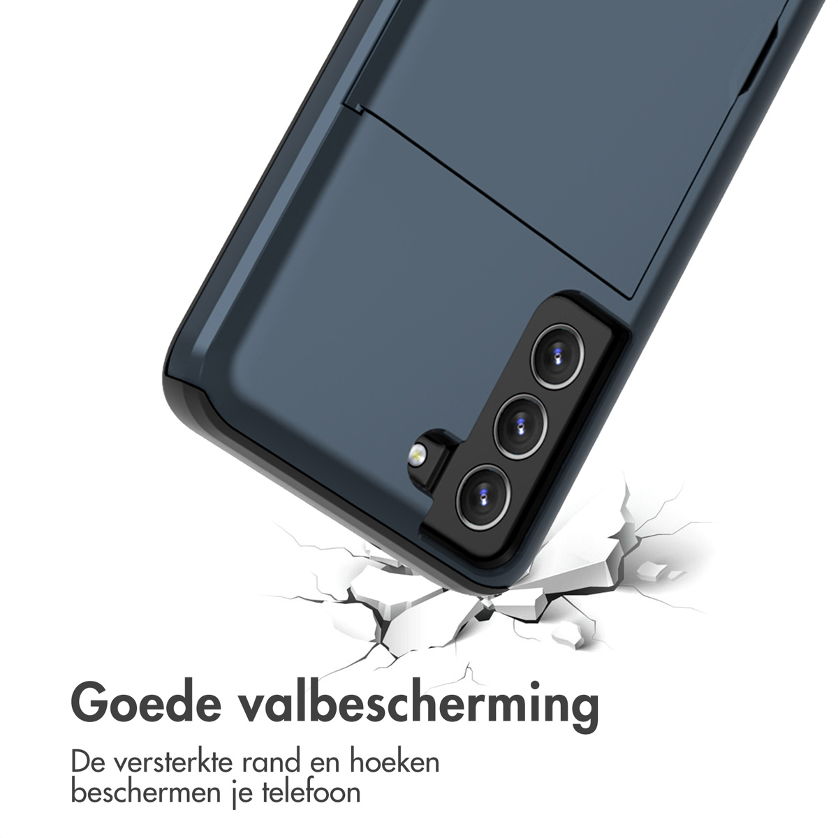 Een telefoonhoesje met een telefoon erin. De telefoon valt en breekt de grond.