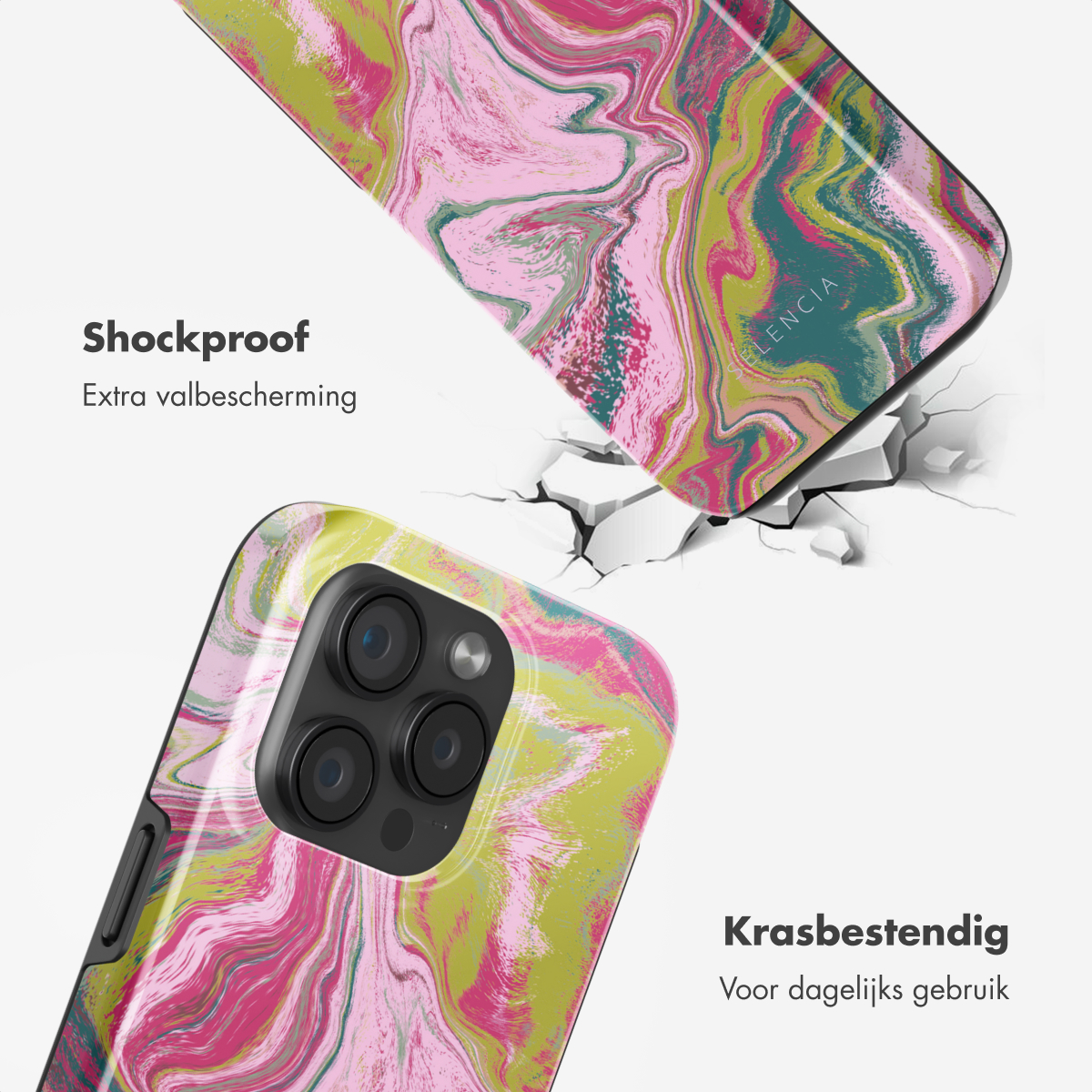 Coque de téléphone au design coloré. Texte : Antichoc, protection supplémentaire. Aussi : Résistant aux rayures.