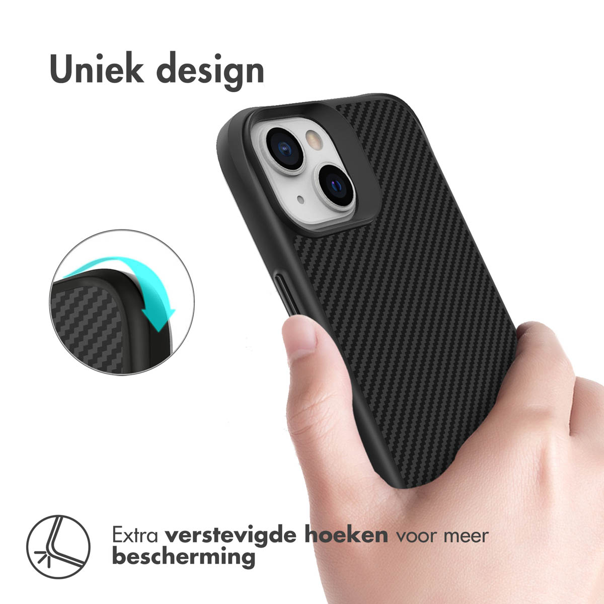 Hand holding a black phone case. Case has a carbon fiber texture. There is an arrow showing the corner.