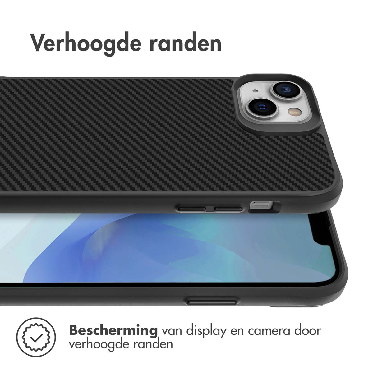Black phone case with a carbon fiber texture on the back and raised edges.