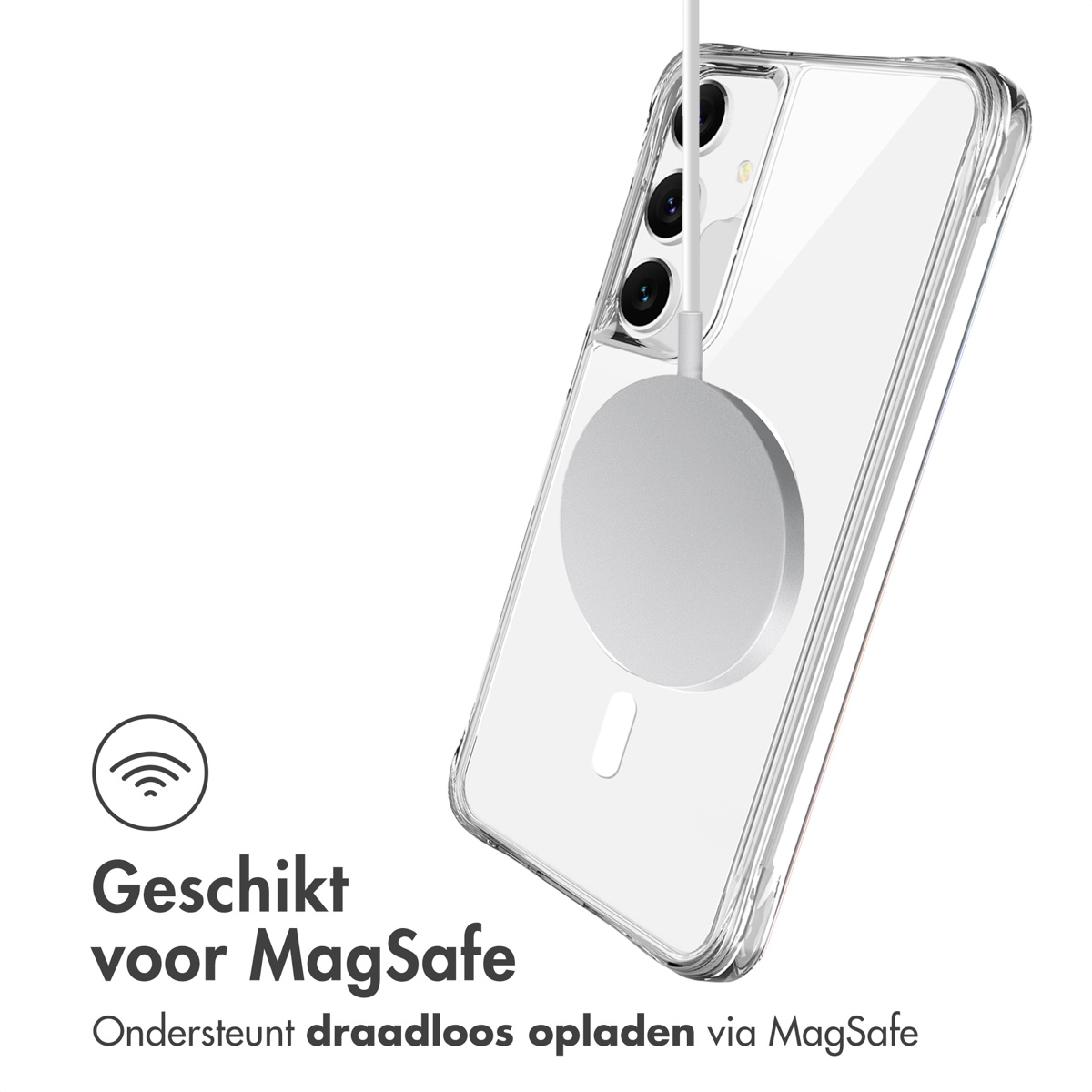 Coque transparente avec chargeur MagSafe. Texte : Convient pour MagSafe. Prend en charge la charge sans fil via MagSafe.
