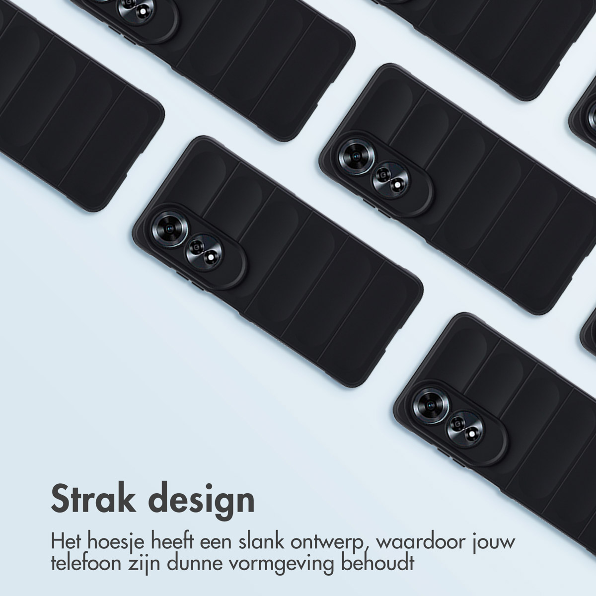 Un ensemble de coques de téléphone noires, chacune avec un design de prise en main en retrait et un trou pour la caméra.