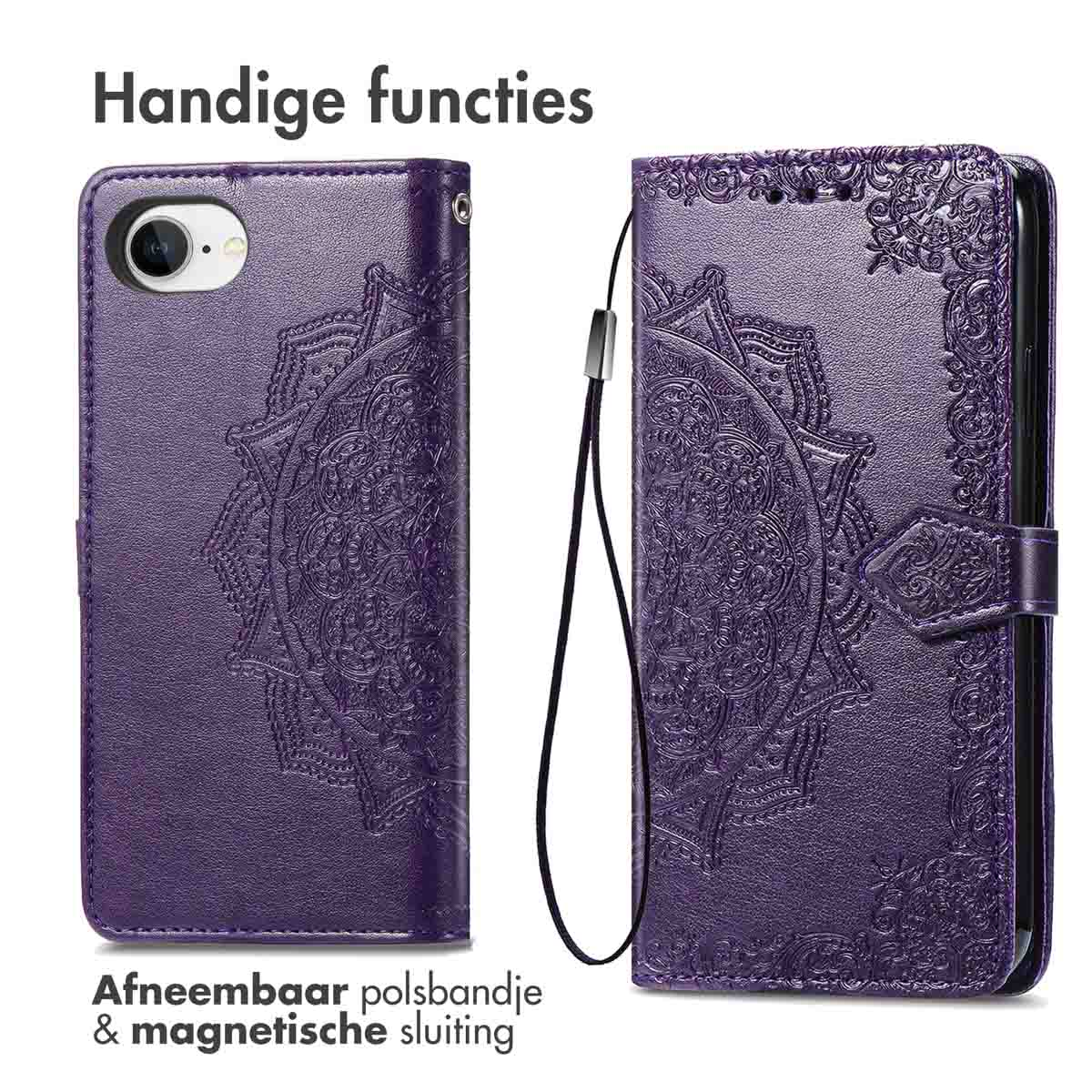 Custodia a portafoglio viola per telefono con design a mandala e cinturino da polso.