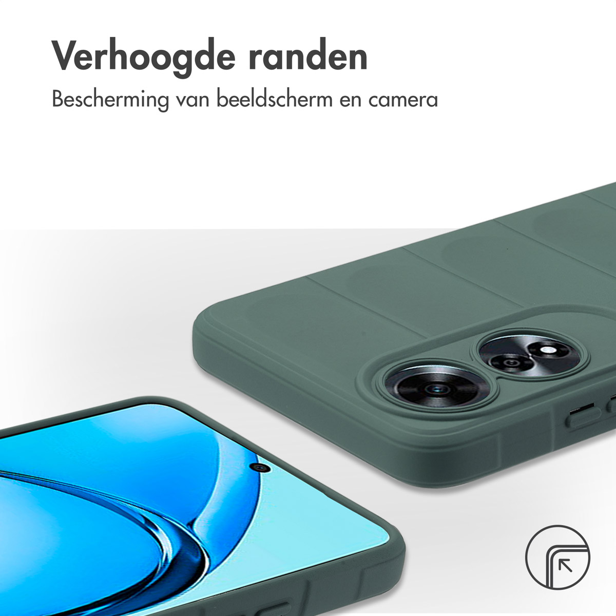 Coque de téléphone verte avec bords surélevés. Le texte mentionne la protection écran et caméra.