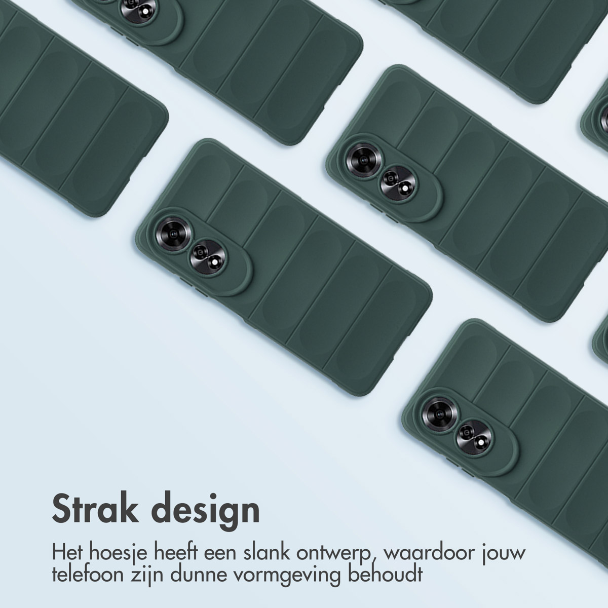 Étuis de téléphone verts en grille, vue en angle. Les étuis ont un anneau de caméra et une surface texturée.