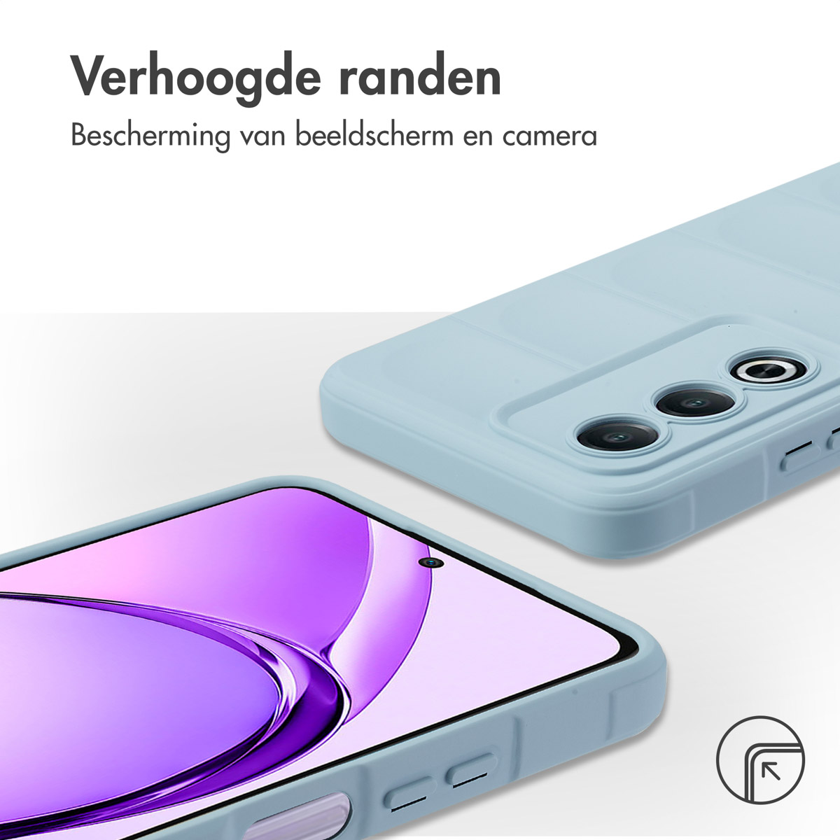 Deux coques de téléphone bleu clair. Une avec écran, l'autre inclinée. Texte: Verhoogde randen.
